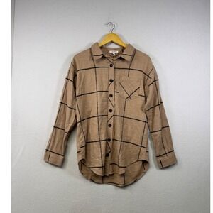 Maurices Button Down Shirt Women Small Tan Black Windowpane Plaid Cotton Relaxed